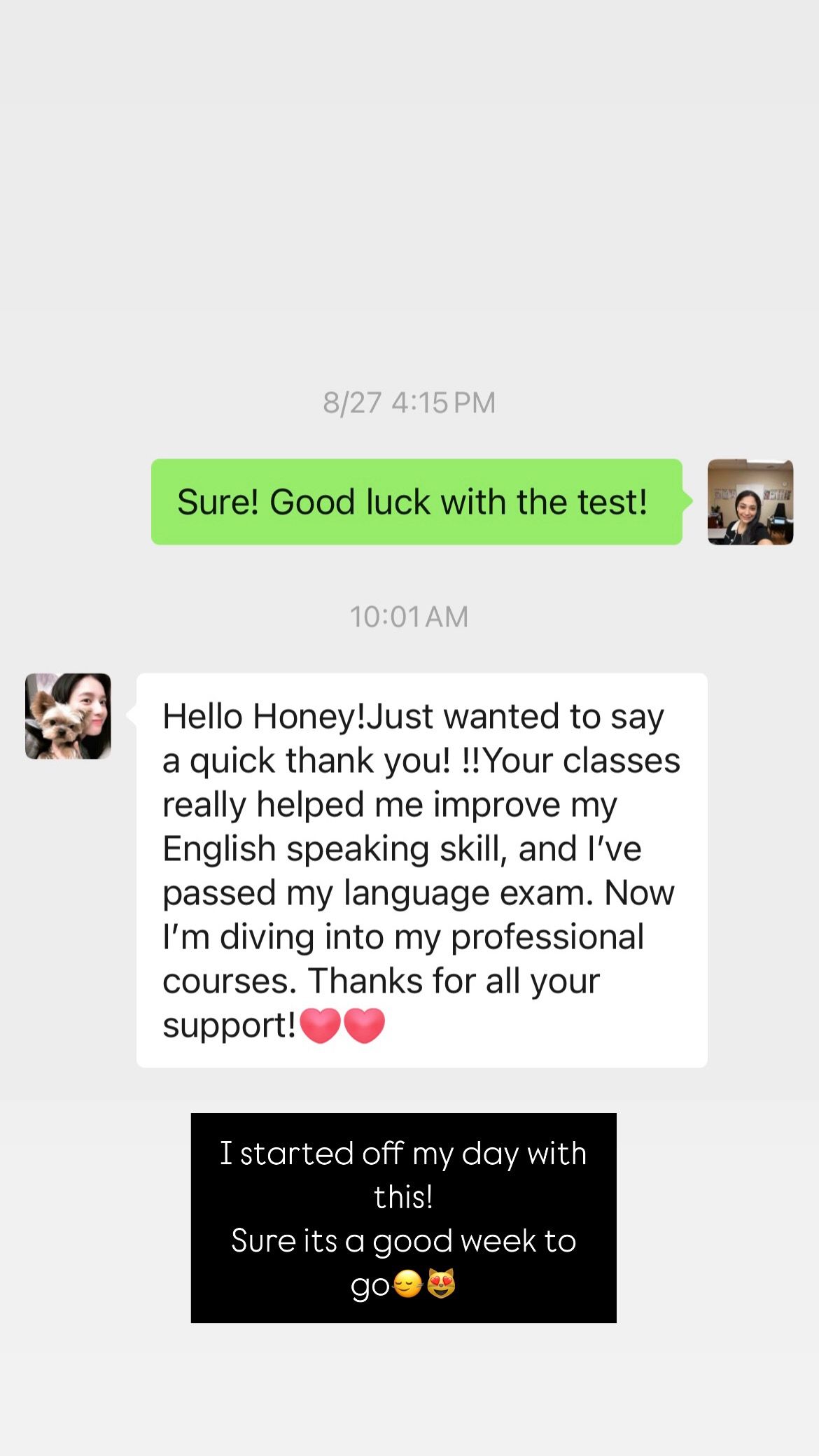 A student’s thank-you message, shared by Honey